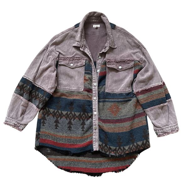 Rare POL Aztec Shacket M | Western Patchwork Jacket, Fringe Hem, Oversized Fit - Picture 1 of 6